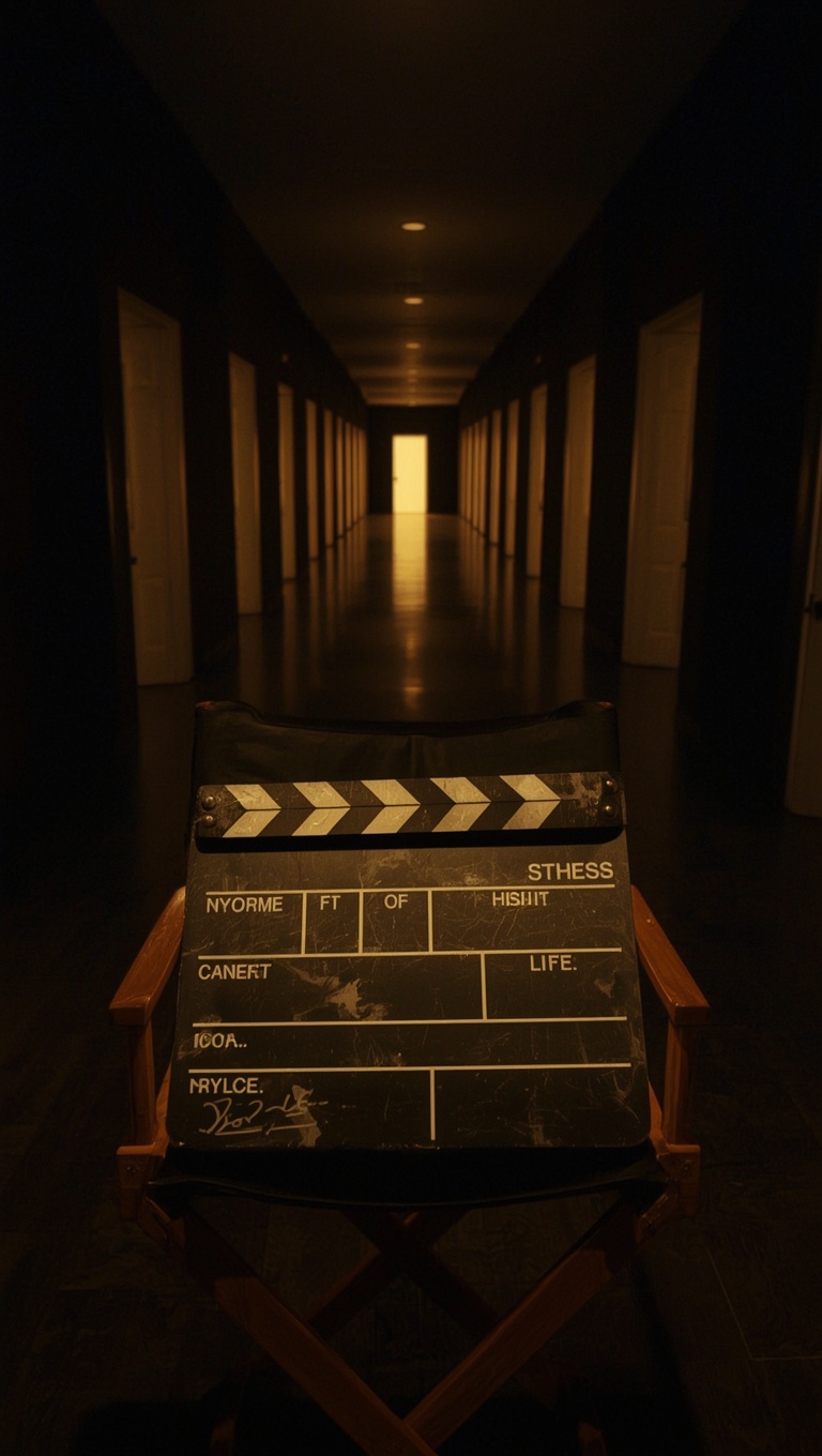 A weathered film clapperboard resting on a director's chair in a dark hallway with warm golden light glowing at the far end