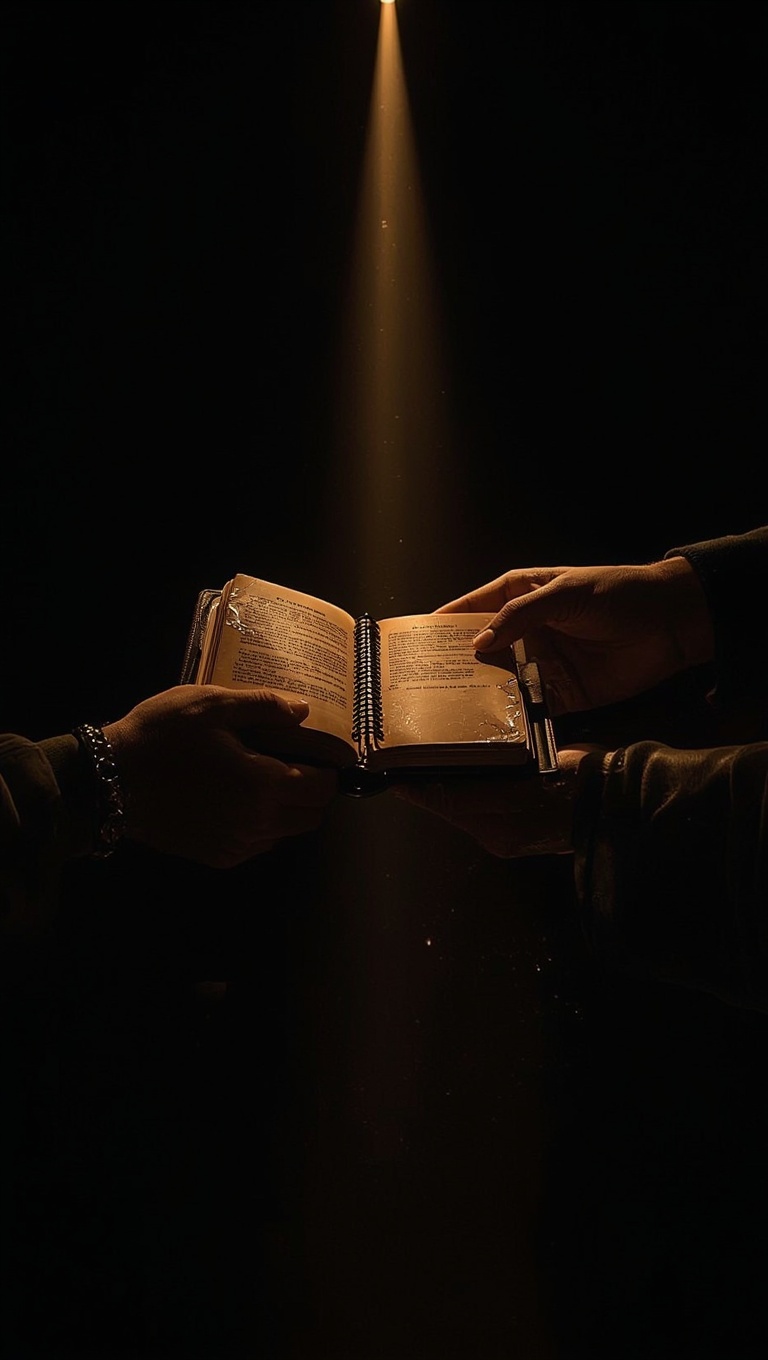 Two hands, one older and one younger, passing a worn open leather journal between them under a beam of warm golden light
