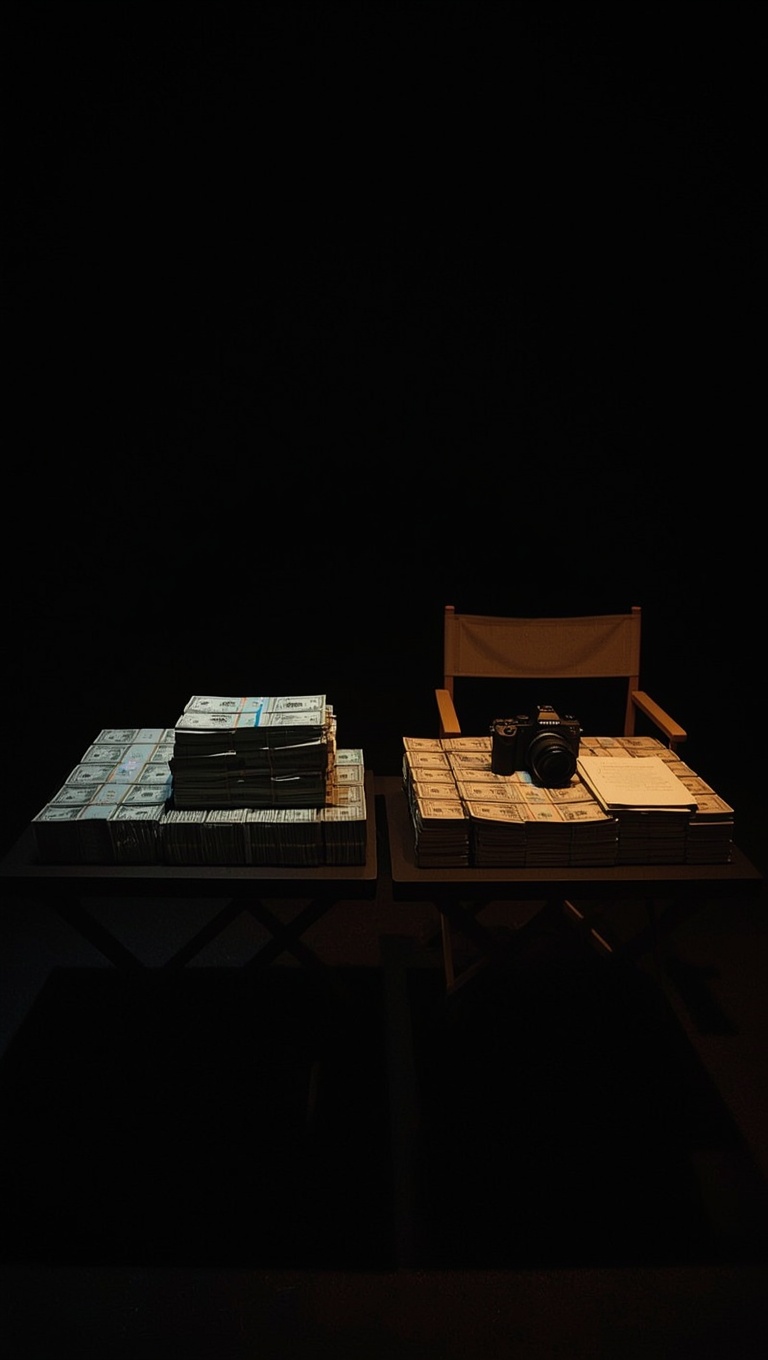 Two tables in a dark room — one stacked with bundles of cash, the other with cash topped by a camera, a script, and a director's chair