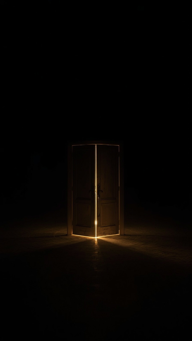A freestanding double door alone in a vast dark space, warm golden light spilling through the gap between the doors onto the floor