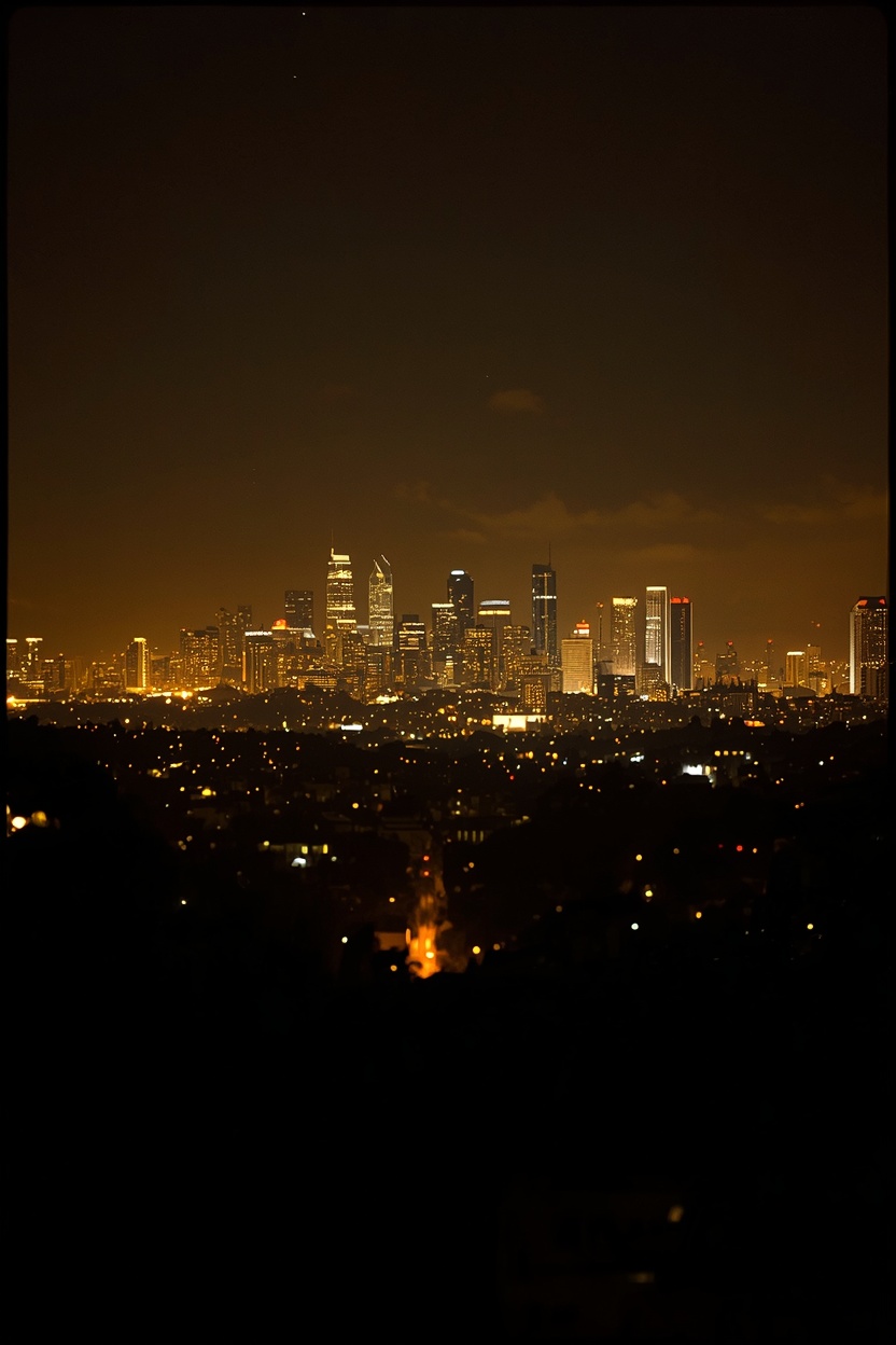 The Los Angeles skyline at night bathed in a warm gold haze, downtown towers glowing against a dark sky with soft bokeh city lights