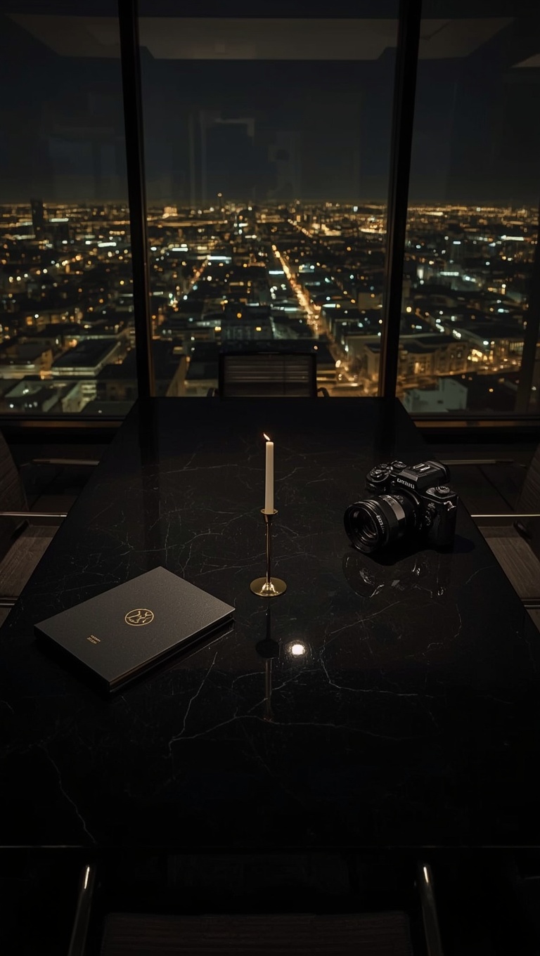 A sleek black-marble conference table in a darkened high-rise penthouse at night, with a gold candlestick, a black-and-gold portfolio, and a camera, overlooking a glittering city skyline