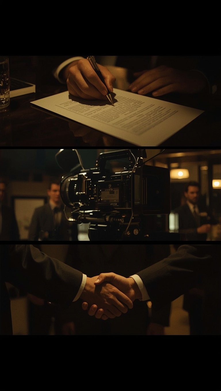 A triptych in dark gold light: a hand signing a contract, a film camera on set with people in suits, and two people shaking hands