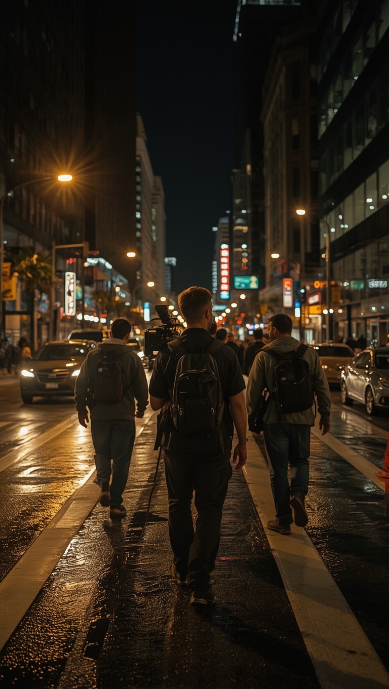 A film crew walking down a wet, neon-lit downtown Los Angeles street at night, shot from behind, one operator carrying a camera rig