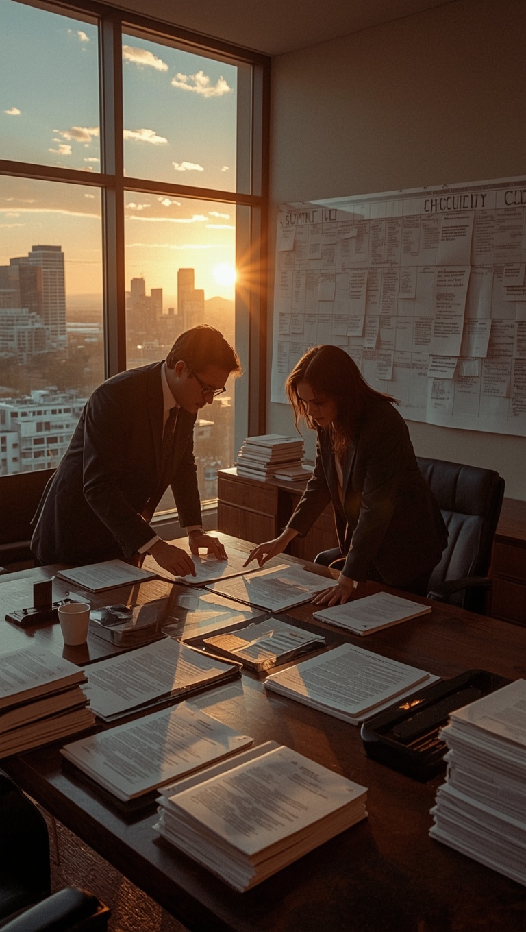 Two professionals in suits leaning over a table covered with scripts and documents at golden hour, the Los Angeles skyline glowing through floor-to-ceiling windows behind them