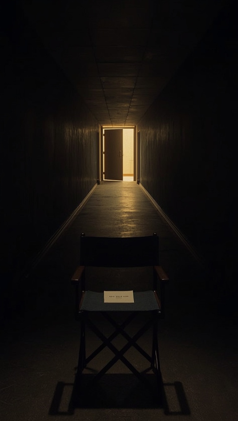 A director's chair with a script resting on its seat in a long dark corridor, facing an open door spilling warm golden light
