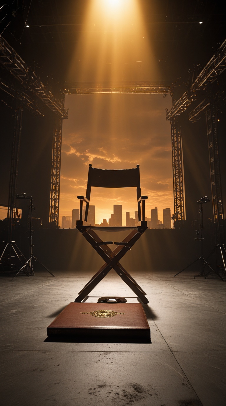 A director's chair silhouetted at the center of a vast film soundstage, backlit by a golden beam with a sunset city skyline behind it and a gold-embossed leather portfolio on the floor