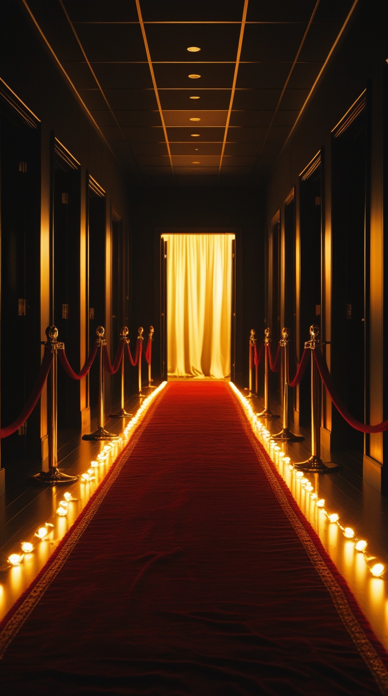 A plush red carpet flanked by gold stanchions, red velvet ropes, and warm glowing lights leading down a dark hallway toward a softly lit golden curtain